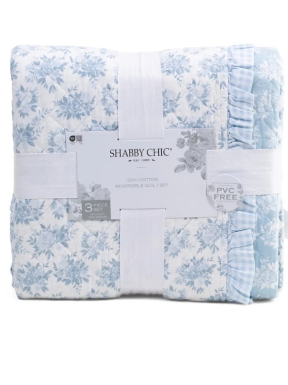 Shabby Chic Light Blue Floral Reversible Quilt Set with Gingham Ruffle